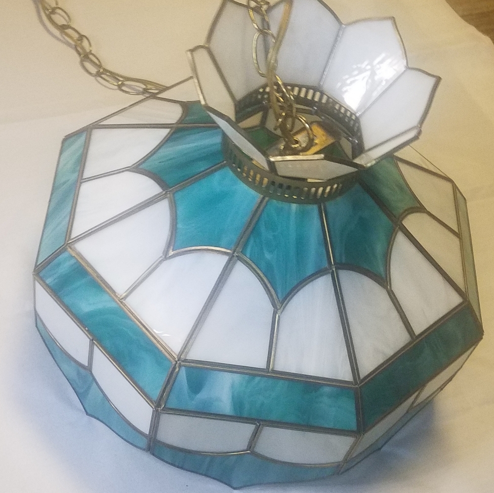 Slag glass hanging pendant light mid century